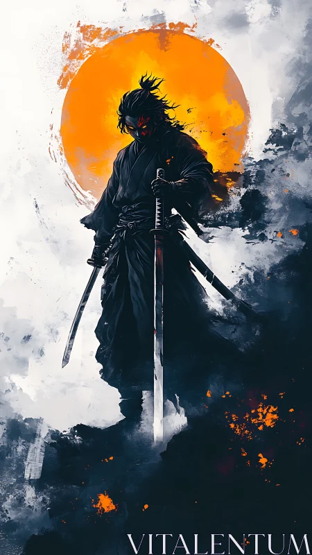 Dark samurai warrior stands against a blazing orange sun