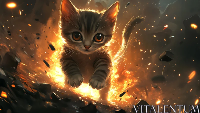 Kitten Blazes Through an Inferno with Glowing Eyes.