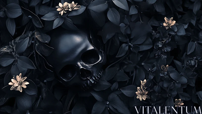 Black skull among dark foliage and pale flowers at night.
