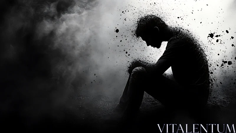 Silhouetted seated figure dissolves into dispersed particles