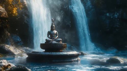 Bronze yogic deity statue amid dual cataract basin stillness.