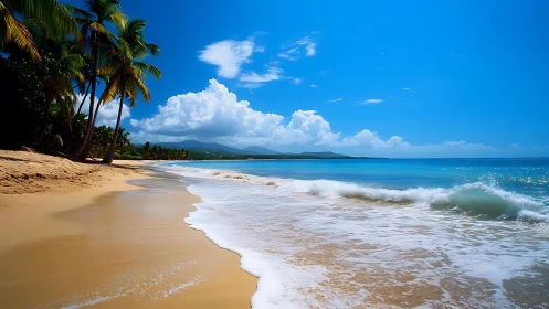 Tropical shoreline with palm-fringed bay, surf and cumulus clouds