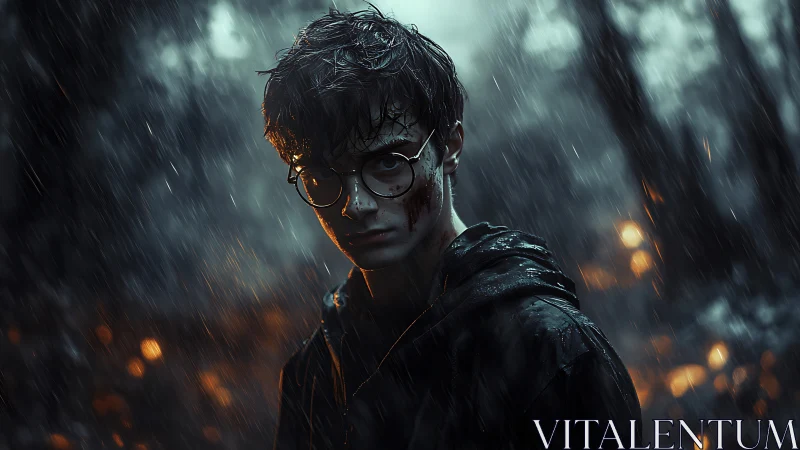 Brooding teenager stands in stormy forest as embers burn