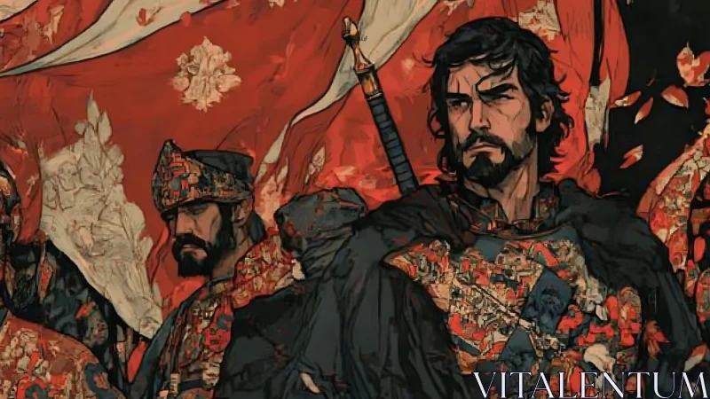 Noble warriors stand proud beneath sweeping crimson banners.