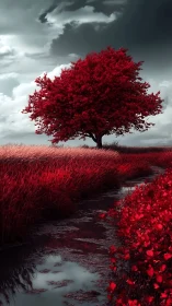 Crimson tree dominates desaturated marshland under storm clouds