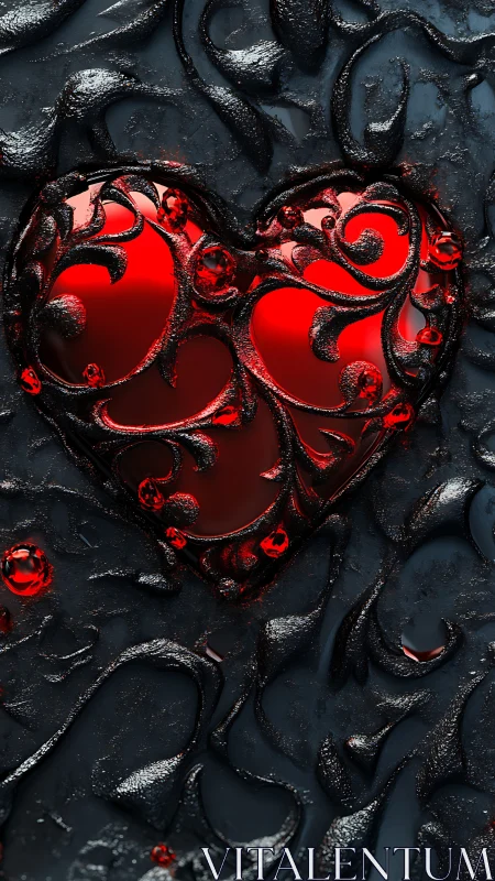 Ornamental Heart Form with Metallic Tentacle Morphology and Luminous Red Core