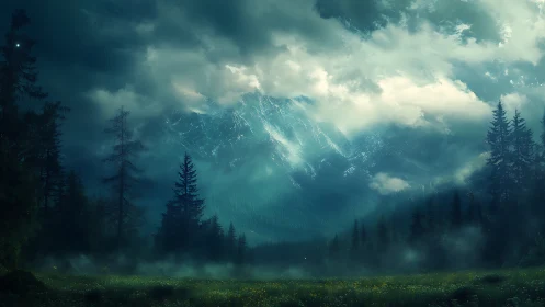 Mystic mountain forest under stormlit twilight sky.