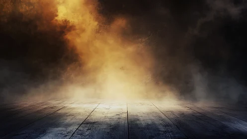 Smoky wooden stage glows under dramatic golden light.