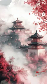 Tiered pagoda complex emerges through diffuse mountain mist