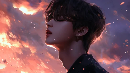 Digital painting portrait with luminous sunset bokeh glow.