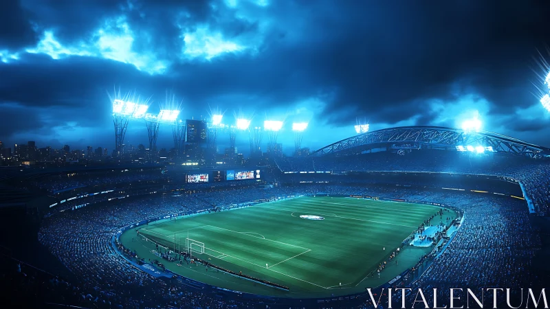 Floodlit football megastadium under storm-laden nocturnal sky.