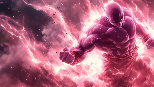 Muscular anime fighter channels explosive pink energy in storm