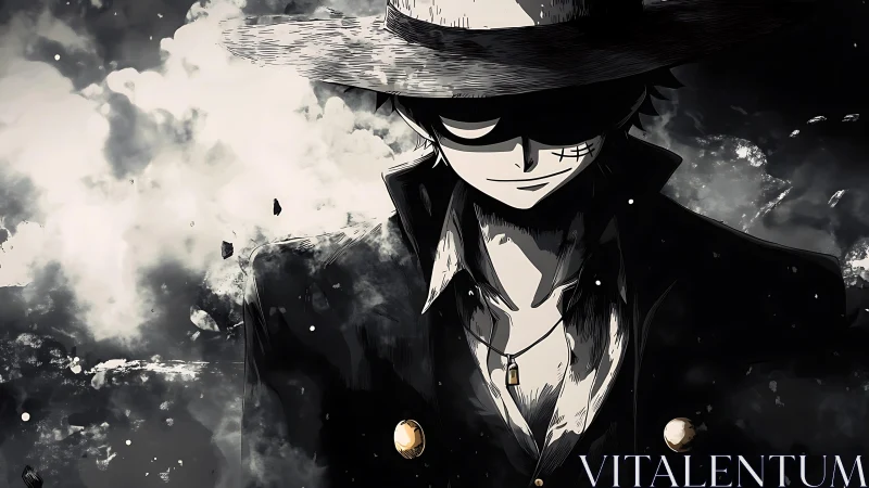 Mysterious anime wanderer in drifting monochrome smoke.