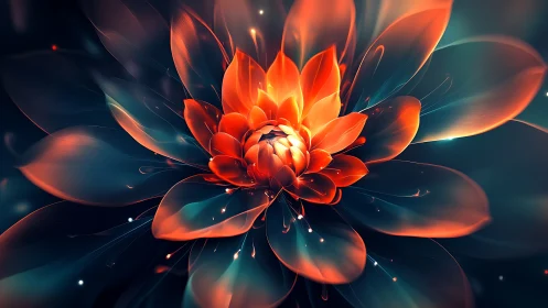 Glowing orange digital flower on dark teal background.