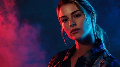 Portrait under neon bicolor lighting with moody smoke backdrop.