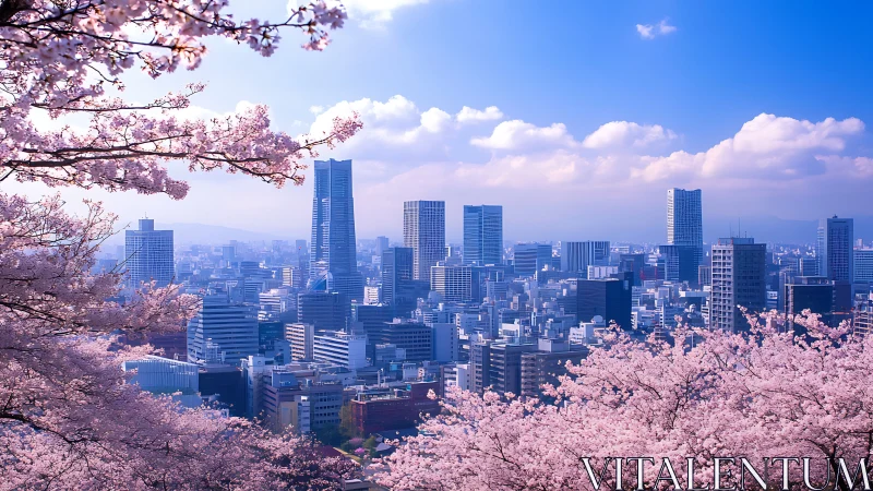 Springtime city skyline framed by soft pink cherry blossoms.