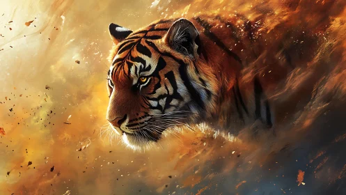 Tiger head emerges through incendiary abstract brushwork field