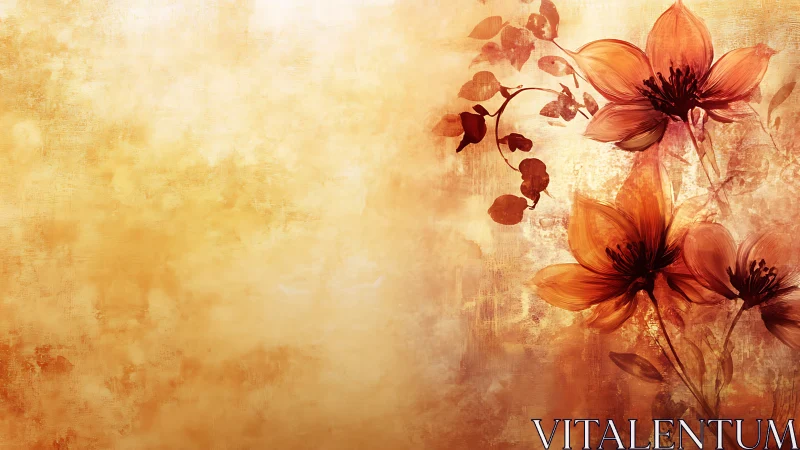 Orange cosmos flowers rendered on textured aged background