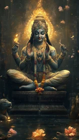 Divine four-armed deity in lotus pose with radiant aureole glow