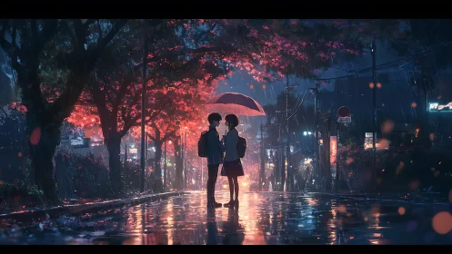 Romantic students share an umbrella on a glowing rainy street.