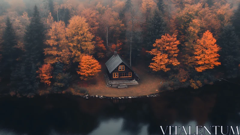 Cabin beside misty autumn lake amid dense orange forest.