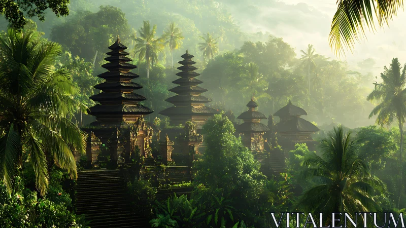 Tiered temple structures rise from dense tropical rainforest
