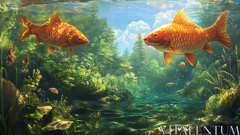 Sunlit koi fish rendered in detailed aquatic forest environment