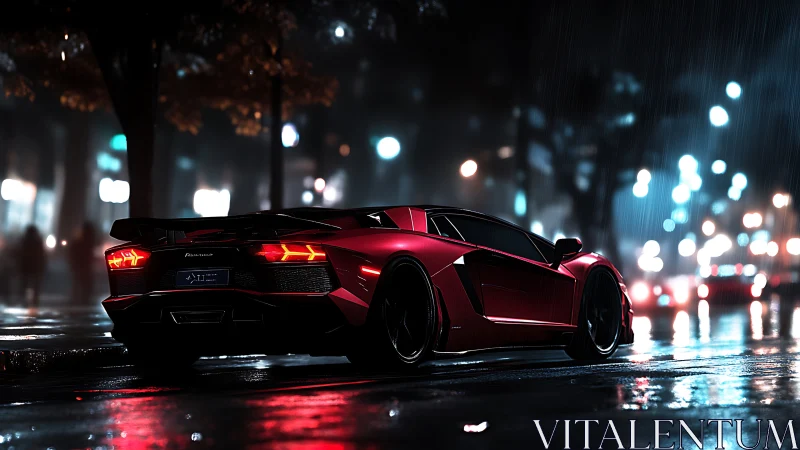 Red sports car on wet city street at night in rainfall.