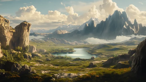 Sunlit valley lake cradled by towering dreamlike peaks.