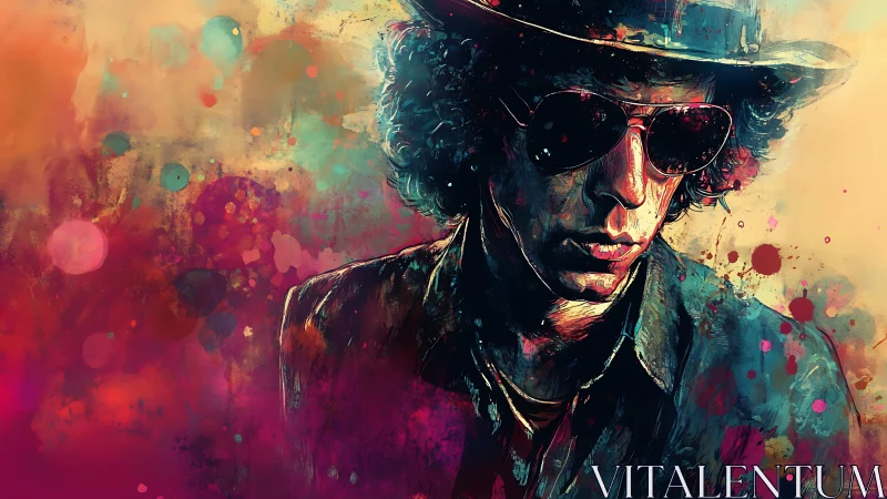 Moody sunglasses portrait in neon-splattered color field.