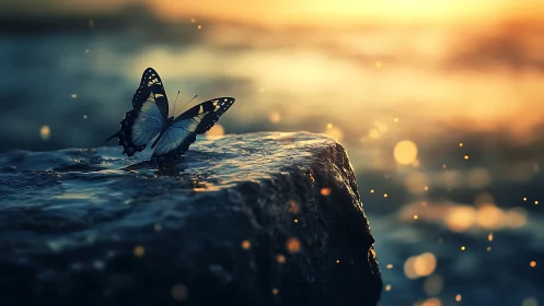 Butterfly rests on wet coastal rock under low warm backlight