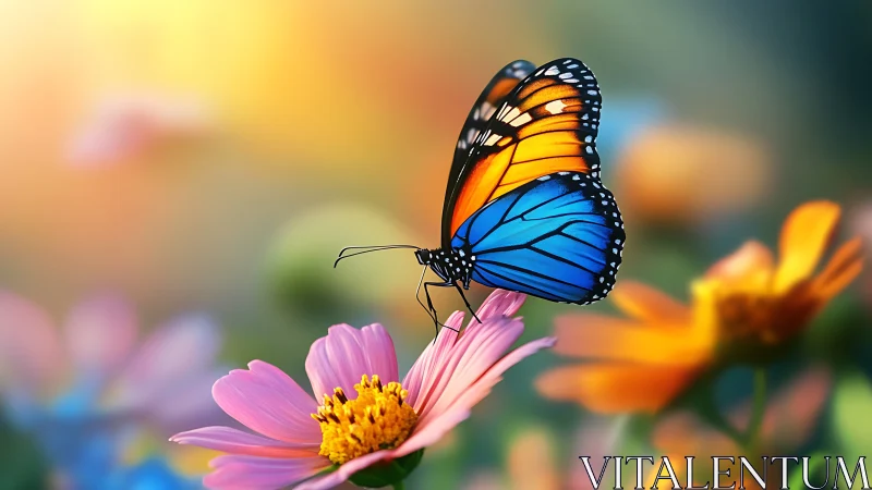 Vivid butterfly rests on wildflower in soft sunset glow