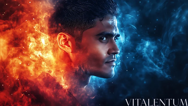 Dual-toned male portrait in dynamic fire and ice contrast.