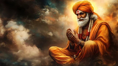 Elderly robed figure seated in clouds with folded hands.