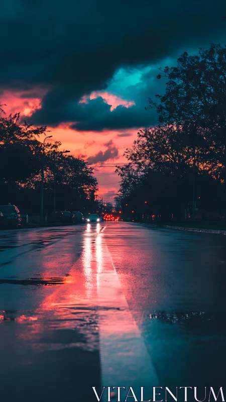 Neon rainroad under electric sunset and brooding clouds.
