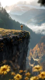 Solitary child at sunrise cliff edge above misty gorge.