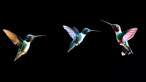 Trio of Vibrant Hummingbirds in Mid-Flight on Black Background.