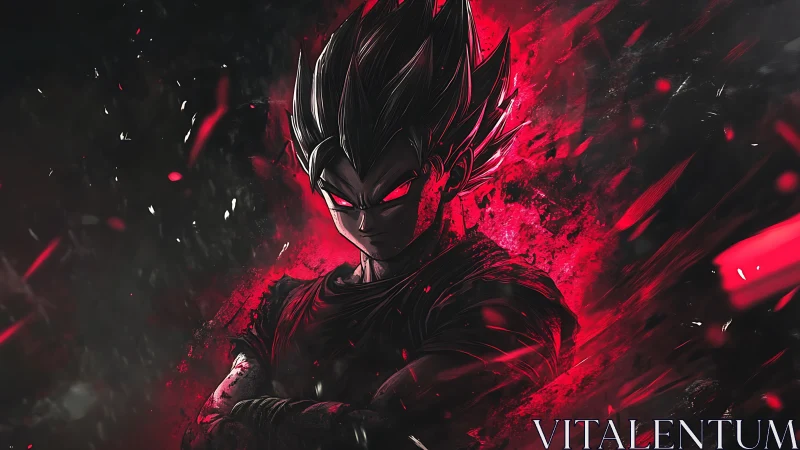 Dark spiky haired anime fighter glows with intense red aura