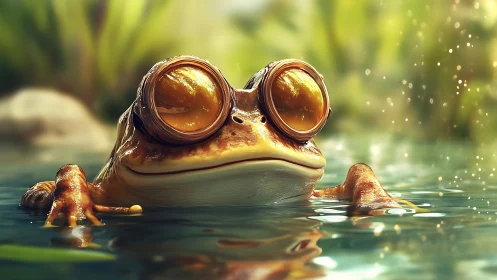 Curious frog in shiny goggles relaxes in a glowing pond