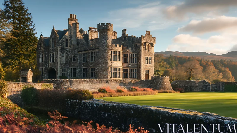 Sunlit stone manor dreaming over emerald country lawns.