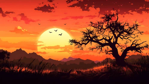 High-saturation vector sunset with silhouetted twisted tree profile.