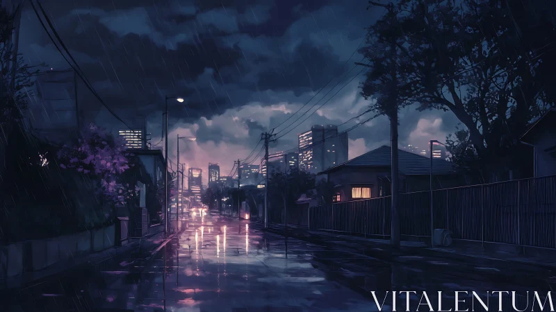 Rainy cityside evening with glowing windows and quiet streets.