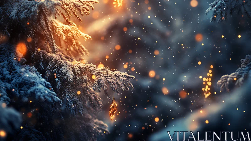 Snow-laden fir branches glow with warm festive bokeh light
