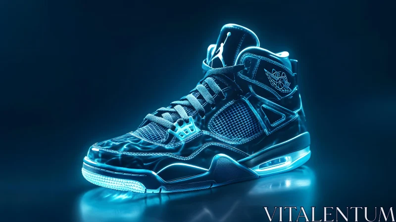 Futuristic neon-lit sneaker in glowing blue digital art style.