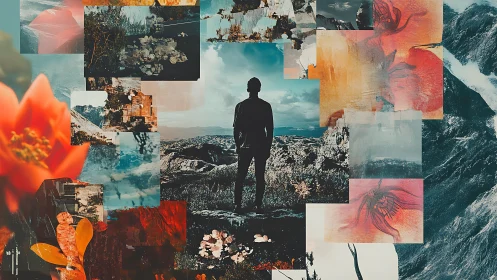 Silhouetted figure amid layered landscape collage explores memory
