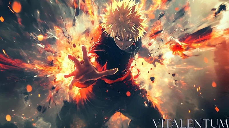 Anime explosive hero in dynamic fiery action composition.