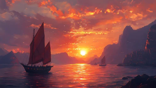 Sunset junk sails across glowing bay before distant city.