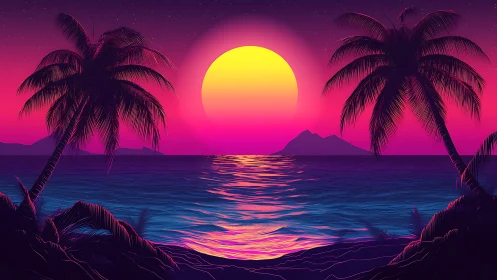 Neon tropical sunset over glowing synthwave ocean horizon.