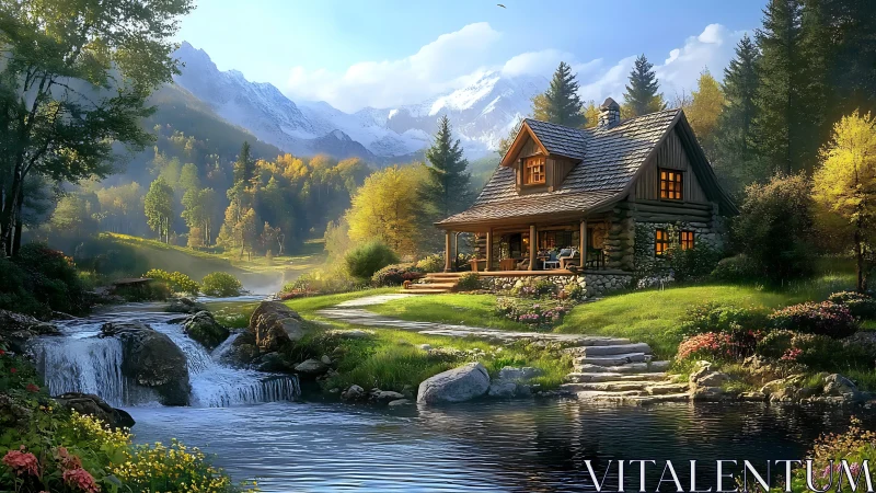 Log cabin by forest stream with distant snow mountains.