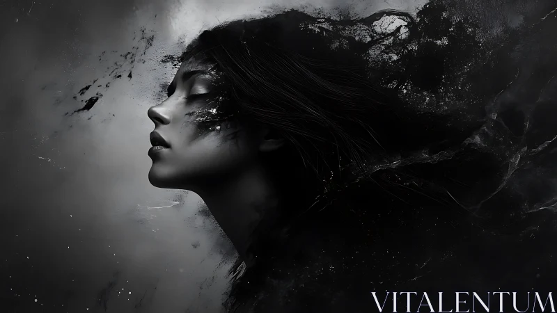 Midnight muse dissolving into storm-swept shadow skies.